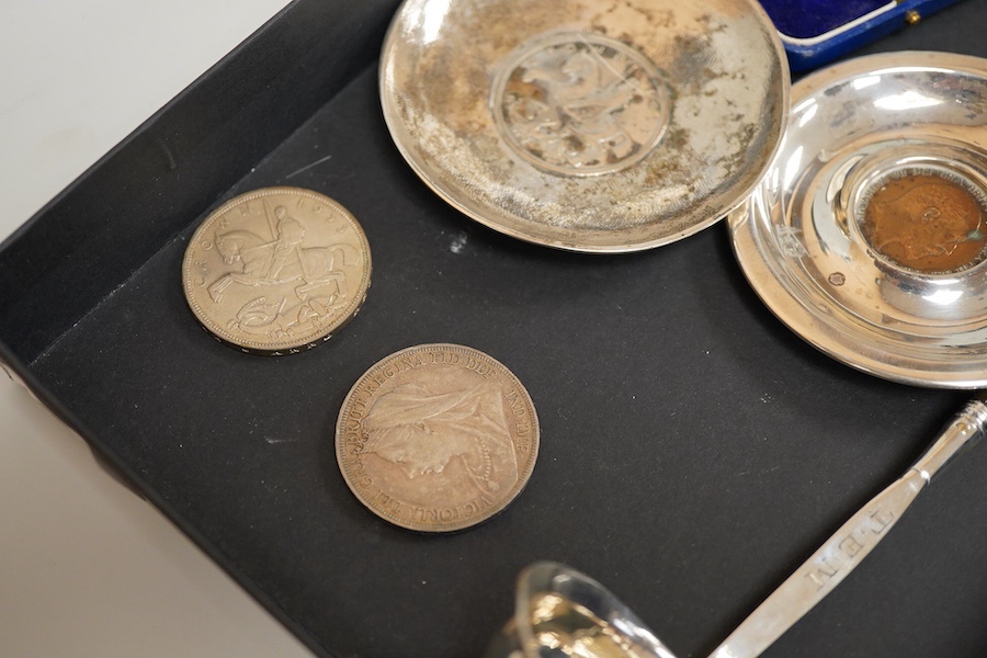 Four crowns together with other silver to include pin dishes, toddy ladle and a brush